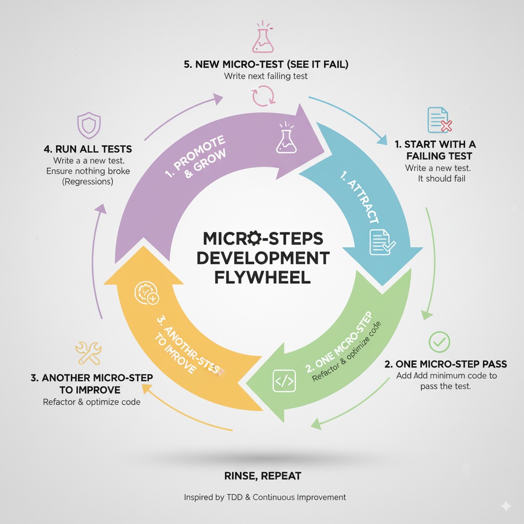 The Micro-Steps Development Flywheel showing the AI-assisted TDD cycle: Test, Pass, Refactor
